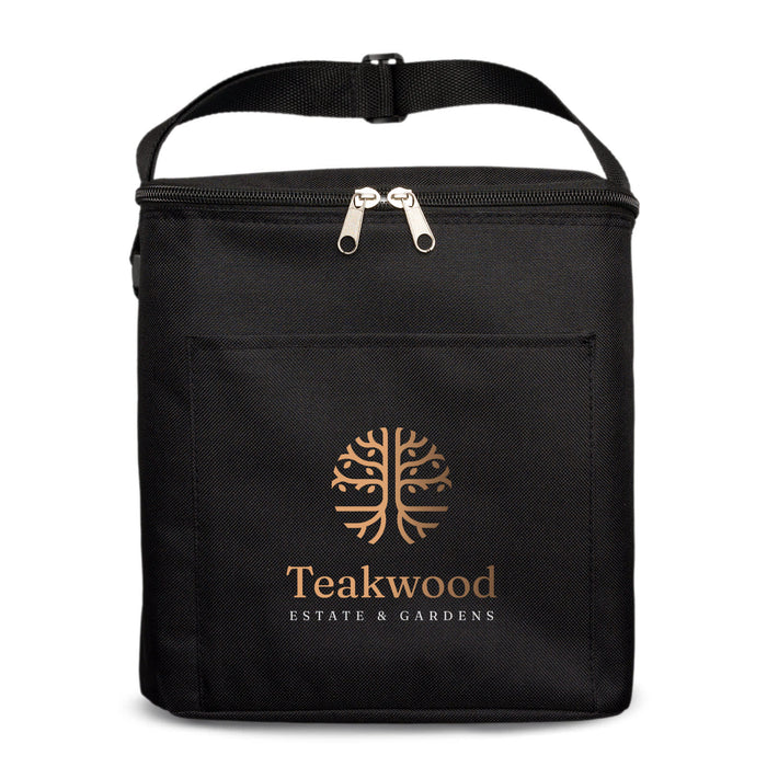 The Pause Pack: Christmas Edition - A black insulated cooler bag featuring a front pocket and a logo on the front. It has a zip closure and handle.
