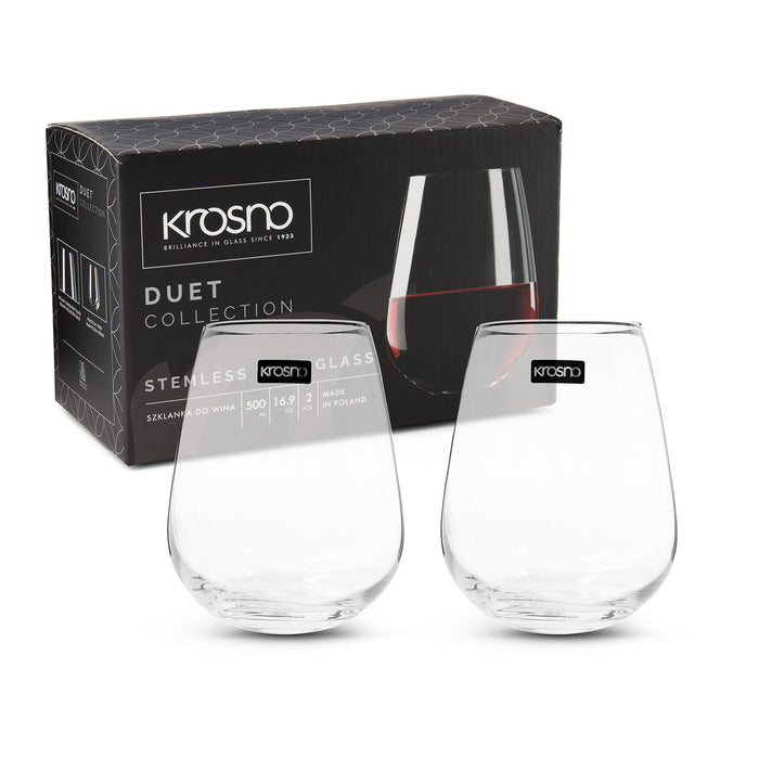 The Refined Graze - A set of two clear stemless wine glasses in front of a branded box, featuring a sleek design.