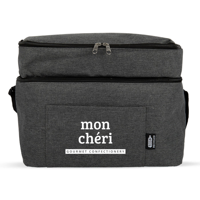 The Sunset Pour - A grey insulated cooler bag with a zippered top and a front pocket, featuring a logo.
