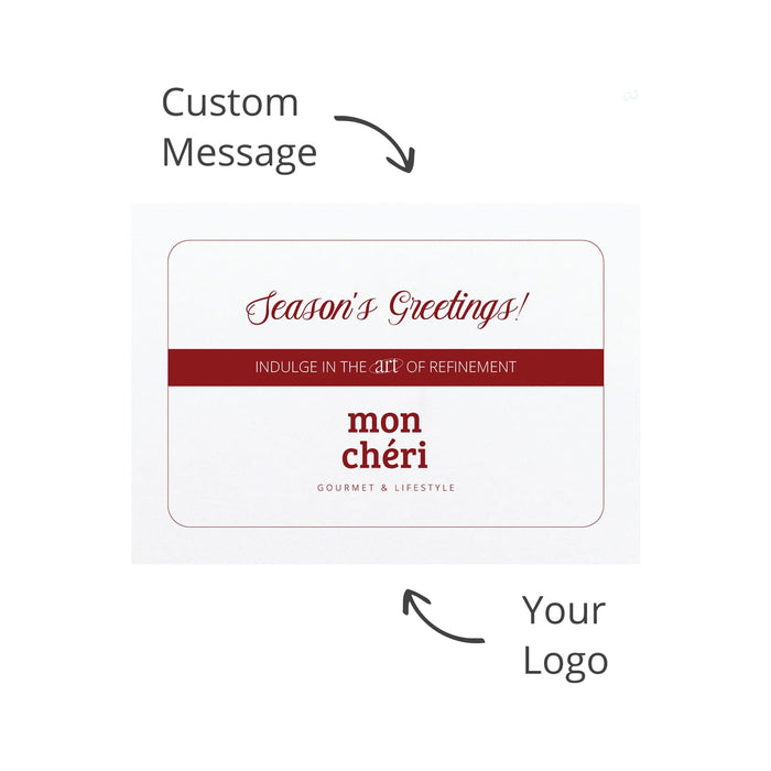 The Sunset Pour - A promotional greeting card featuring a red and white design with space for a custom message and a logo.