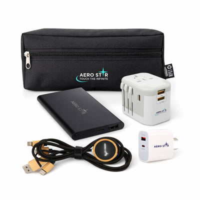 Tech Pack Executive - A black zippered pouch containing a portable charger, universal power adaptor, USB cable, and wireless charging pad.