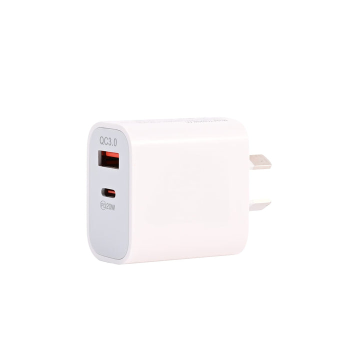 Tech Pack Executive - A white charging adapter with one USB-A port and one USB-C port, featuring a compact design and a logo.