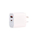 Tech Pack Executive - A white charging adapter with one USB-A port and one USB-C port, featuring a compact design and a logo.