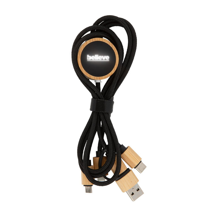 Tech Pack Essential - A charging cable with multiple connectors, featuring a black and bamboo design with a round logo.