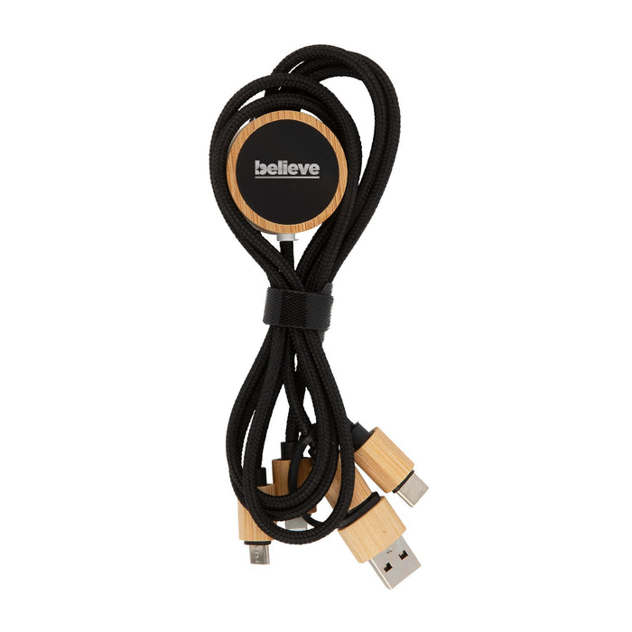 Tech Pack Essential - A USB charging cable with a black and bamboo design, featuring multiple connectors bundled together.