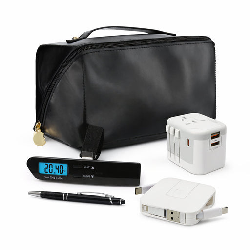 Tech Pack Travel - A black travel bag with a digital clock, USB charger, universal power adapter, and a pen.