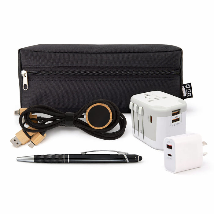 Tech Pack Power - A black zippered pouch containing a pen, charging cables, a universal power adaptor, and a magnetic phone holder.