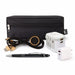Tech Pack Power - A black zippered pouch containing a pen, charging cables, a universal power adaptor, and a magnetic phone holder.