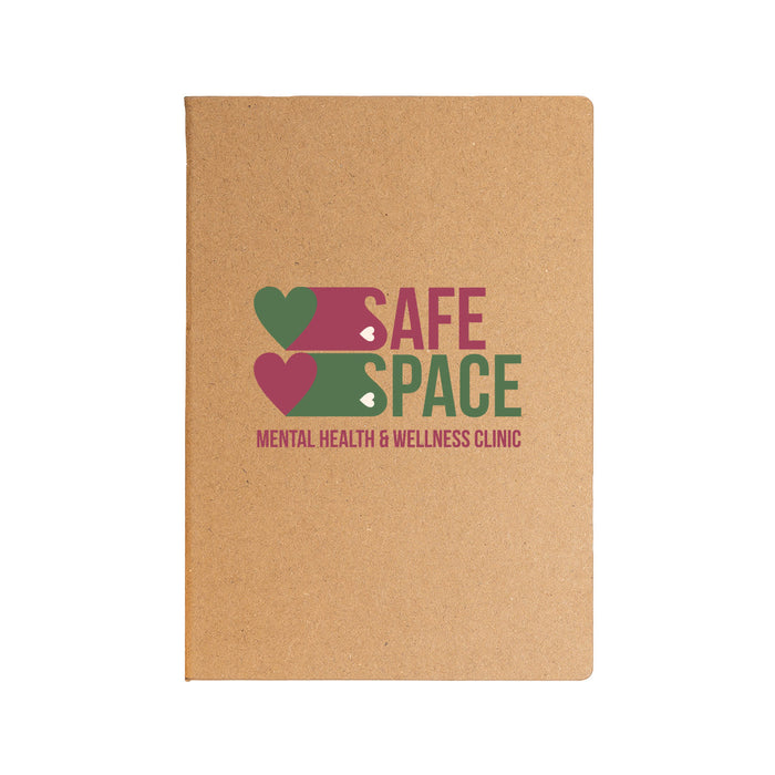 The Mindful Moment - A kraft notebook featuring a logo with hearts and the text "Safe Space Mental Health & Wellness Clinic" in green and pink.