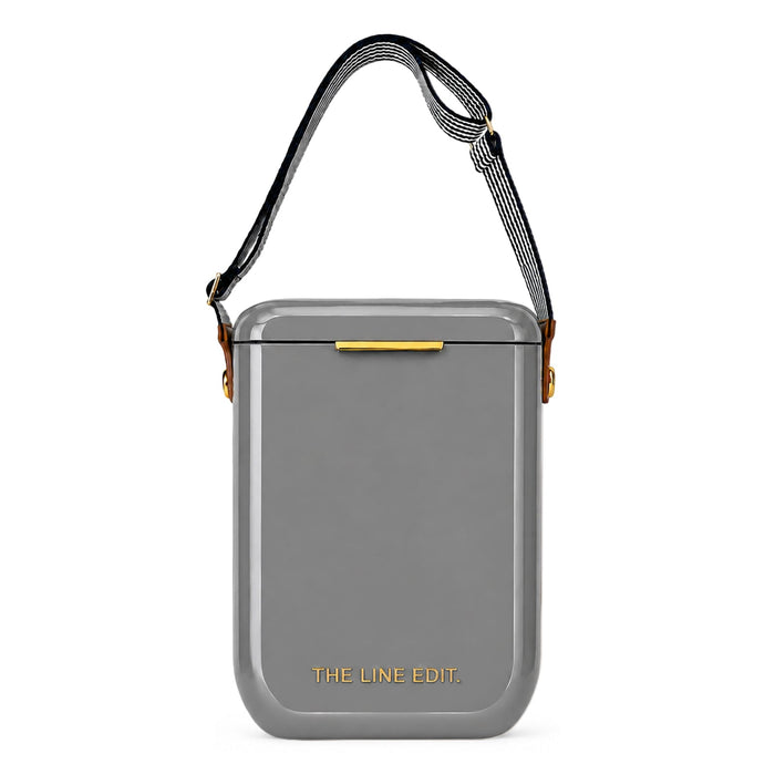 The Pour & Gather Hamper - A grey cooler with a shoulder strap and a logo on the front, featuring a sleek, modern design.
