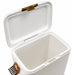 The Pour & Gather Hamper - A white cooler with a gold latch and a side handle, featuring an open lid showing the empty interior.