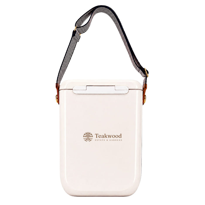 Pavilion Cooler by The Line Edit. - A Pavilion cooler in white with a striped shoulder strap and a logo. Compact design for easy carrying.