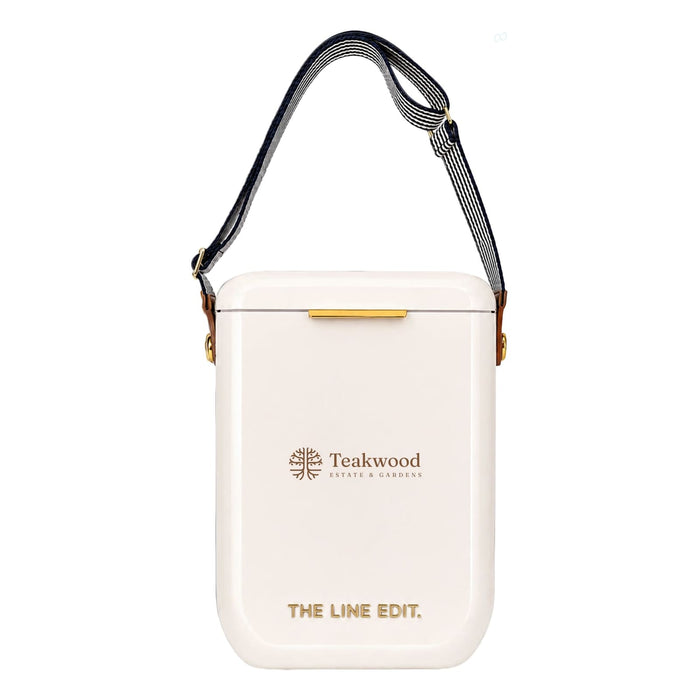 Pavilion Cooler by The Line Edit. - A white cooler with a strap and branding, featuring a simple design and a gold clasp.