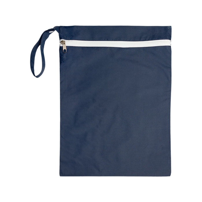 The Walkies Pack - A navy blue fabric bag with a white zip closure and a handle on the side. It has a logo on the front.
