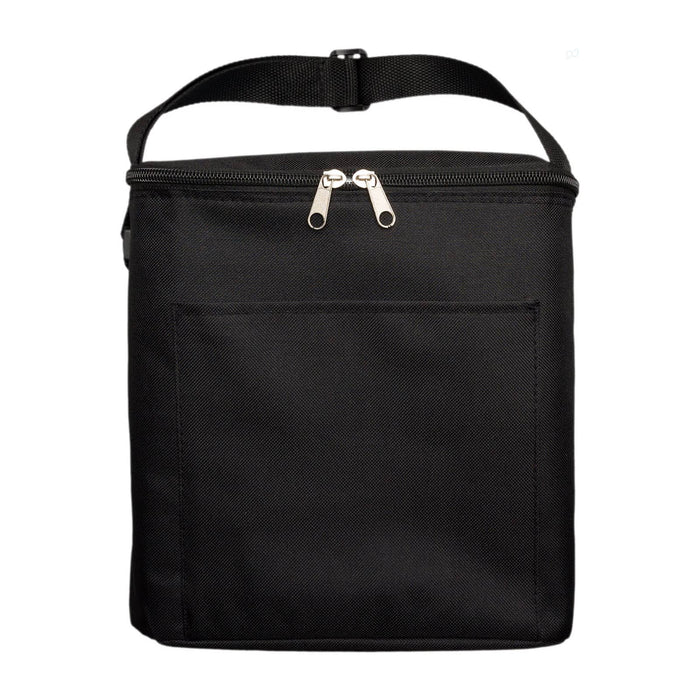 The Knock Off Pack - A black insulated lunch bag with a zip closure and adjustable strap, featuring a front pocket.