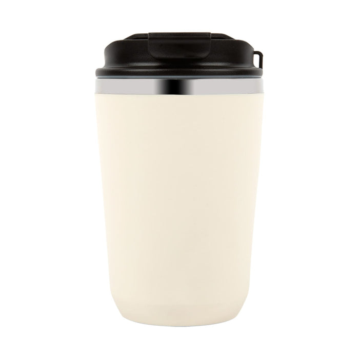 Daily Grind Pack - A cream-coloured drink bottle with a black lid and a silver band near the top. It features a logo.