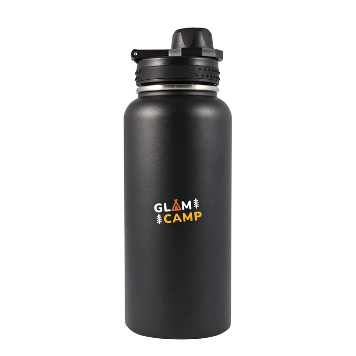 Daily Grind Pack - A drink bottle in sleek black with a black cap and a logo featuring the words "Glam Camp" in orange and white.