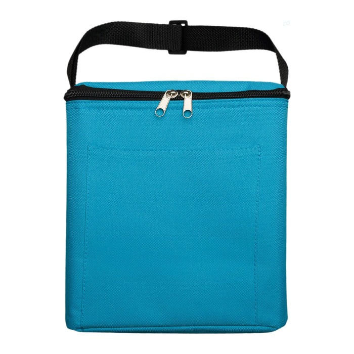 The Reel Deal - A turquoise insulated bag with a zip closure and a black carry strap. It features a front pocket.