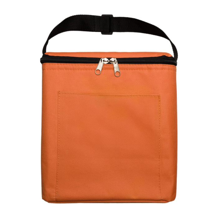 The Knock Off Pack - An orange insulated bag with a black zipper and a handle, featuring a front pocket.