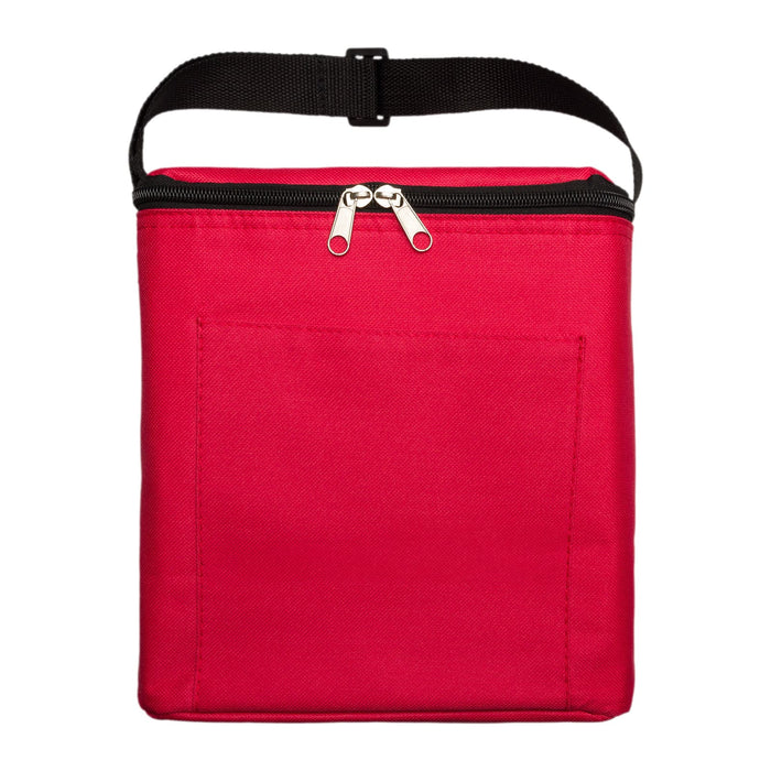 The Reel Deal - A red insulated bag with a zip closure and a front pocket, featuring a black strap on top.