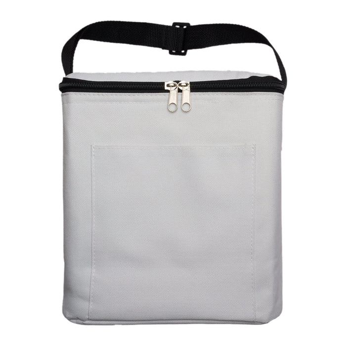 The Reel Deal - A grey insulated cooler bag with a zip closure and a black adjustable strap. It features a front pocket.