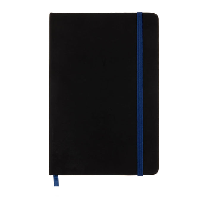 Expo Essentials Pack - A black notebook with a blue elastic band closure, featuring a matching blue ribbon bookmark.