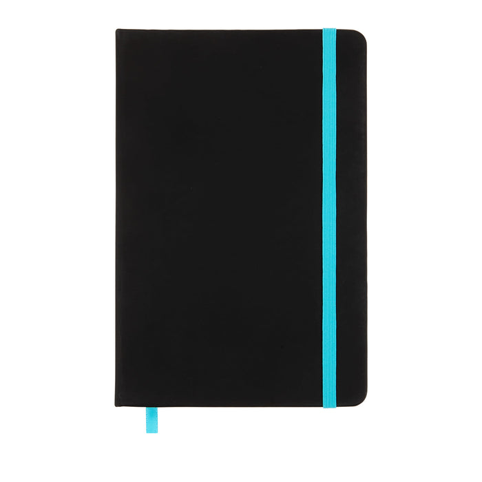 Expo Essentials Pack - A black notebook with a turquoise elastic band and matching ribbon bookmark. It features a smooth, matte finish.