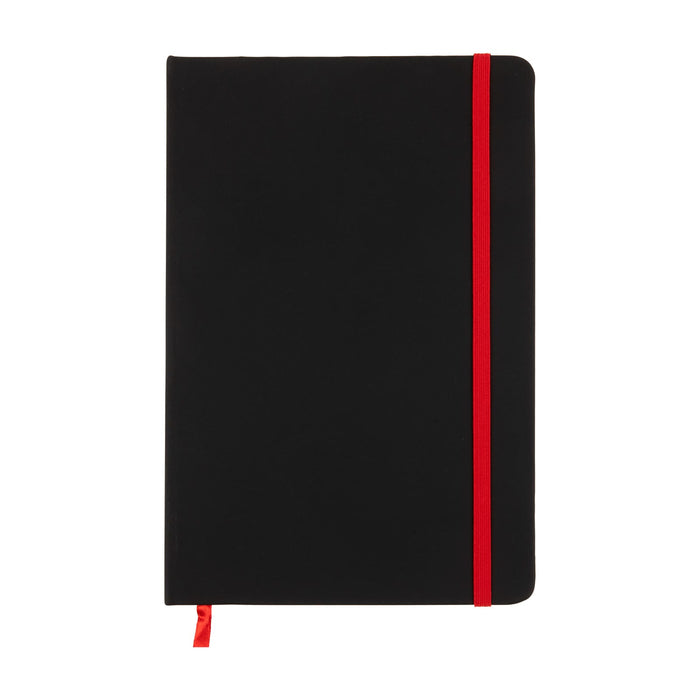 Expo Essentials Pack - A black notebook with a red elastic band and ribbon bookmark. It features a smooth cover and rounded corners.