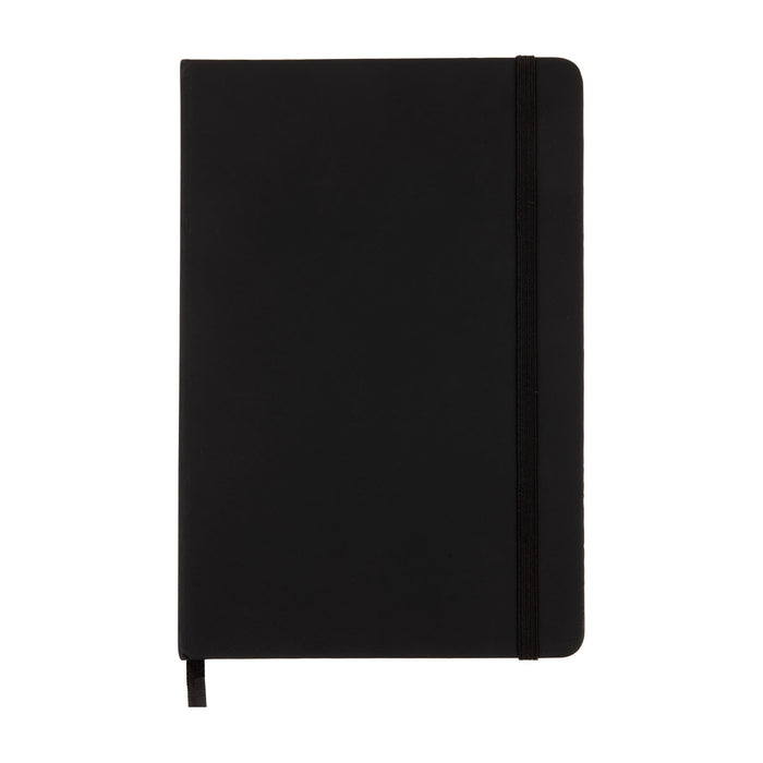 Expo Essentials Pack - A black notebook with an elastic closure and a bookmark ribbon, featuring a smooth cover and a logo.