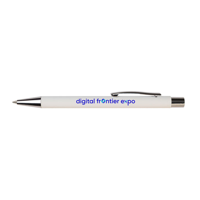 Expo Essentials Pack - A white pen with a silver clip featuring a logo in blue text.