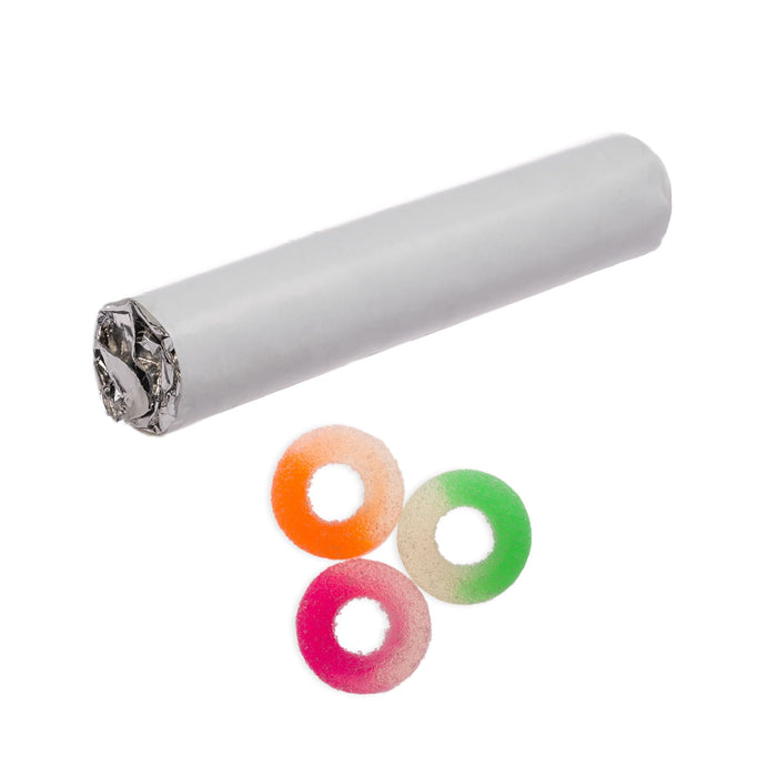 Expo Essentials Pack - A roll of foil and three colourful, sweet candy rings in orange, green, and pink. The foil is wrapped securely.