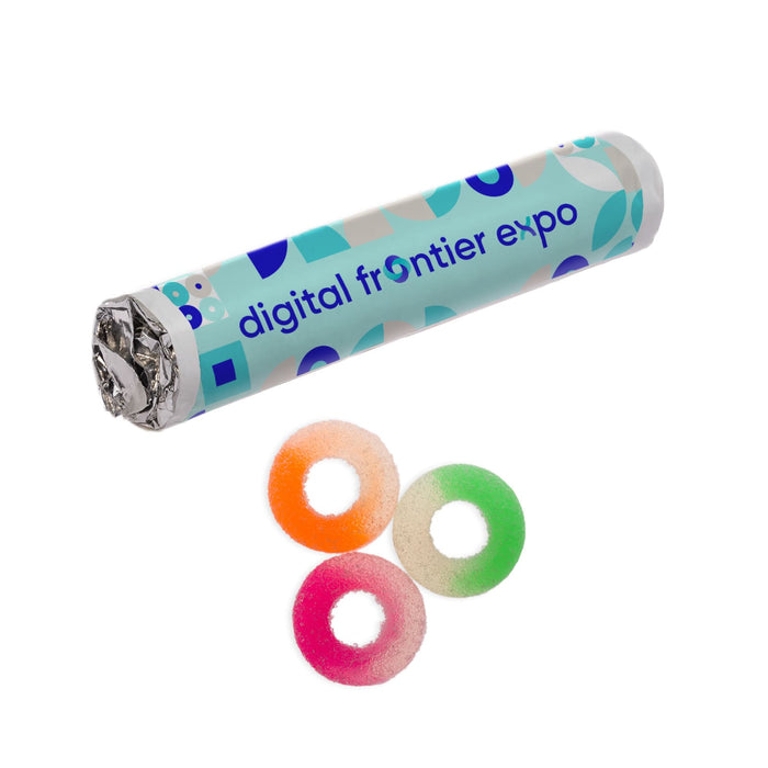 Expo Essentials Pack - A cylinder container with a logo design and three gummy rings in orange, green, and pink.