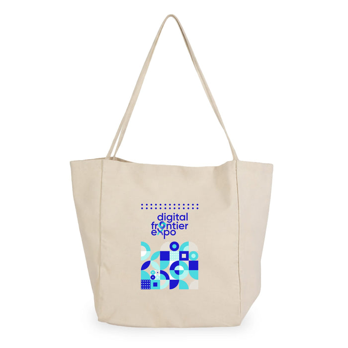 Expo Essentials Pack - A beige tote bag featuring a logo and geometric designs in blue and teal.