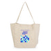 Expo Essentials Pack - A beige tote bag featuring a logo and geometric designs in blue and teal.