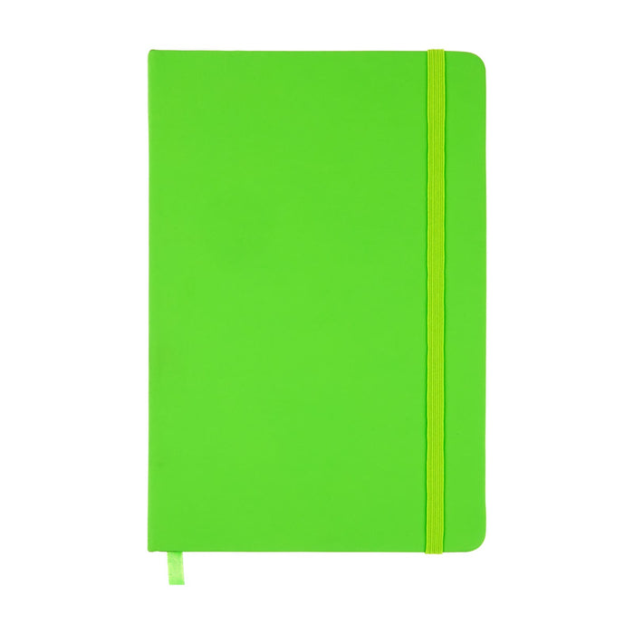 Expo Essentials Pack - A green notebook with a ribbon closure and an elastic band, featuring a smooth cover and a bookmark.