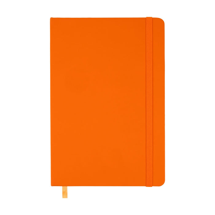 Expo Essentials Pack - An orange notebook with a flexible cover and an elastic band closure. It features a gold ribbon bookmark.