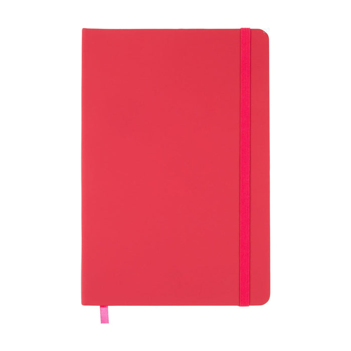Expo Essentials Pack - A bright pink notebook with a matching elastic band and a ribbon bookmark. It has a smooth cover and a logo.