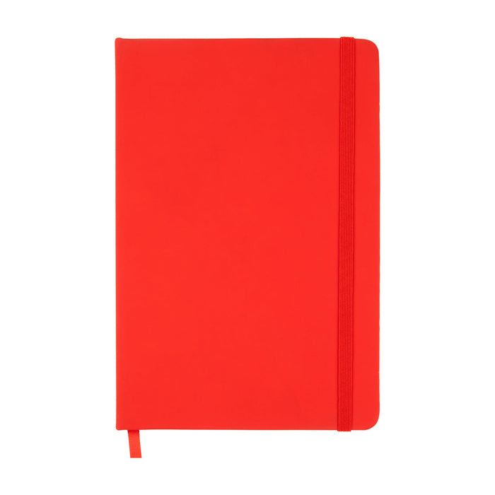 Expo Essentials Pack - A red notebook with an elastic band closure and a ribbon marker. It features a solid cover and has no visible branding.