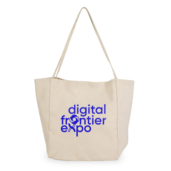 Expo Essentials Pack - A beige tote bag with a blue logo featuring the text "digital frontier expo" on the front.