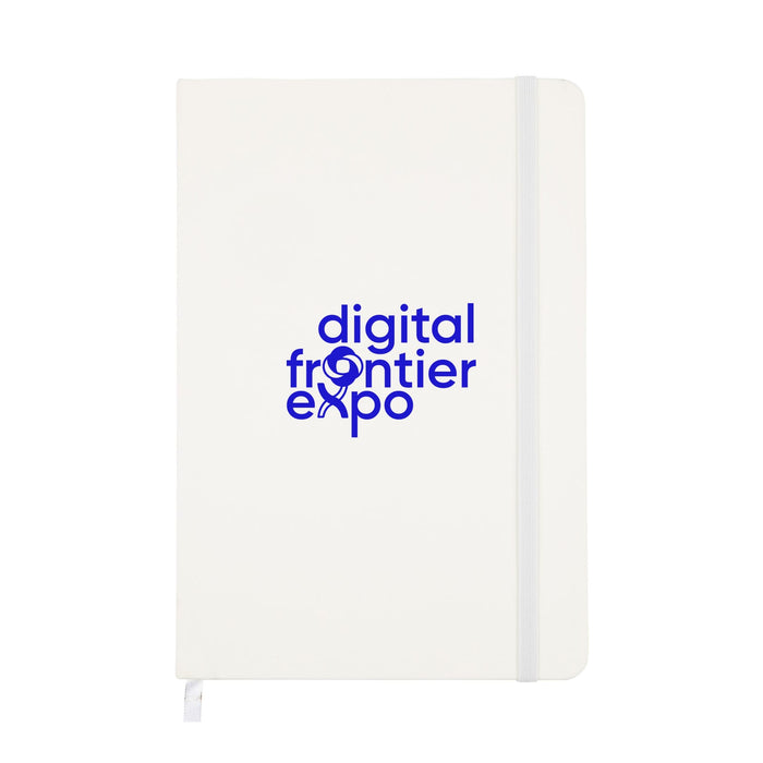 Expo Essentials Pack - A white notebook featuring a blue logo, with a elastic band closure and a ribbon bookmark.