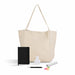 Expo Essentials Pack - A beige tote bag with a black notebook, a white drink bottle, a black pen, and colourful highlighters.