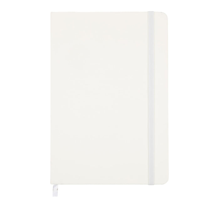 Expo Essentials Pack - A white notebook with a grey elastic band and a ribbon bookmark. It has a smooth cover and no visible branding.