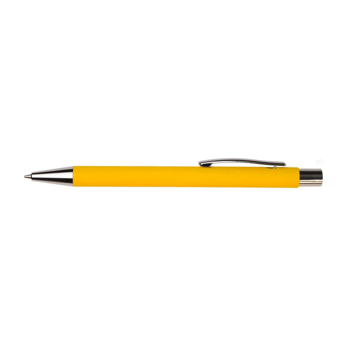 Expo Essentials Pack - A yellow pen with a silver clip and a sleek design, featuring a branding logo.