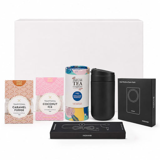 The Modern Essential Gift Set - A drink bottle, tea canister, and assorted sweets in pink and black packaging, alongside a power bank, all in an unlabelled box.