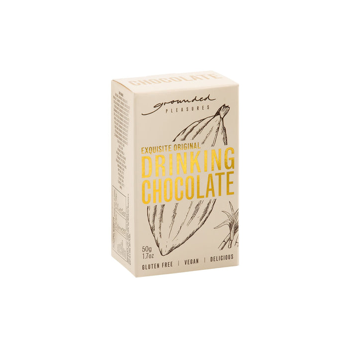 The Big Indulge - A box of drinking chocolate with a light beige background, featuring illustrations of cocoa pods. It has a logo.
