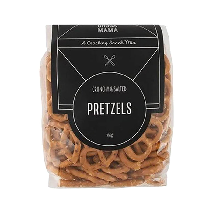 The Big Indulge - A clear bag of crunchy and salted pretzels in a brown and black packaging, featuring a logo.