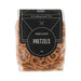 The Good Things - A clear bag of crunchy and salted pretzels in a brown and black packaging, featuring a logo.