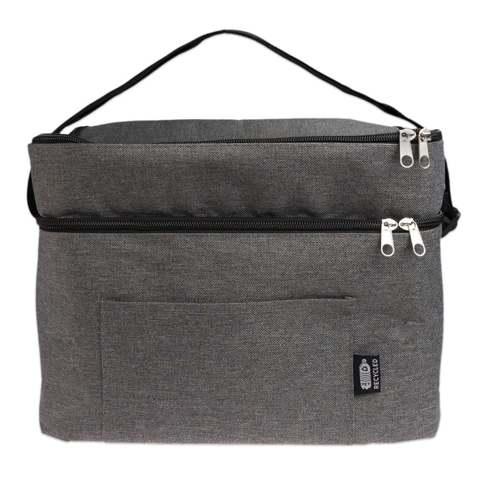 The Coastal Edit - A grey zippered bag with a handle, featuring a front pocket and a logo on the side.
