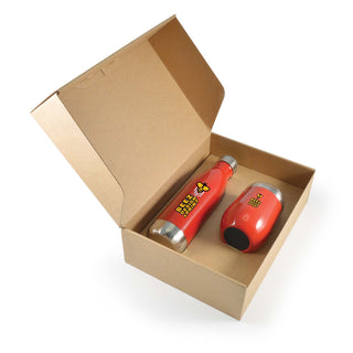 Pura Cardboard Gift Set - A drink bottle and a cup are presented in a cardboard gift box. Both items are red with a black logo on them.
