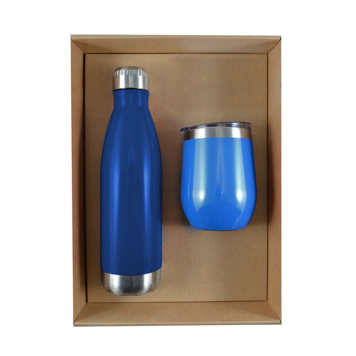 Pura Cardboard Gift Set - A drink bottle and a cup in shades of blue, presented together in a cardboard gift set.